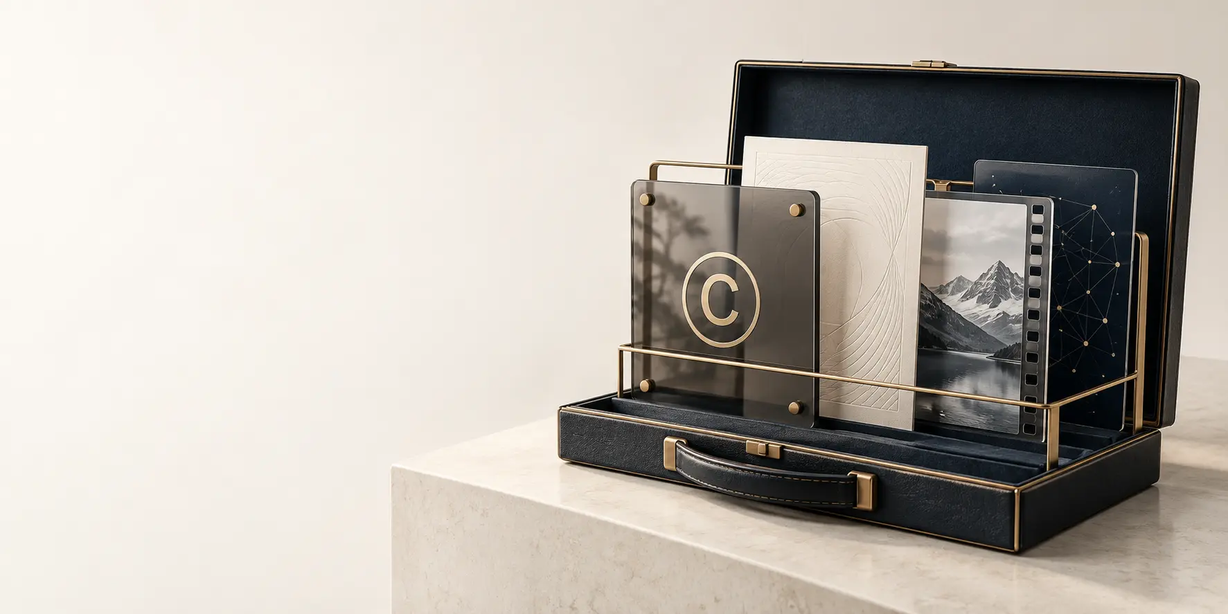 Luxury briefcase with documents on marble surface